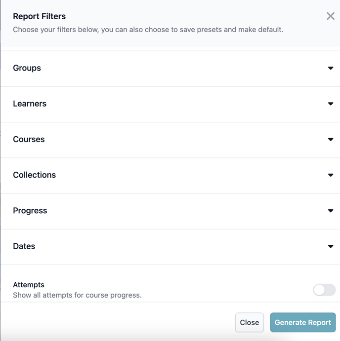 Reports filters options