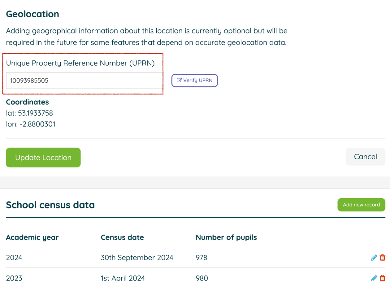 How do I add geolocation information relating to my school?