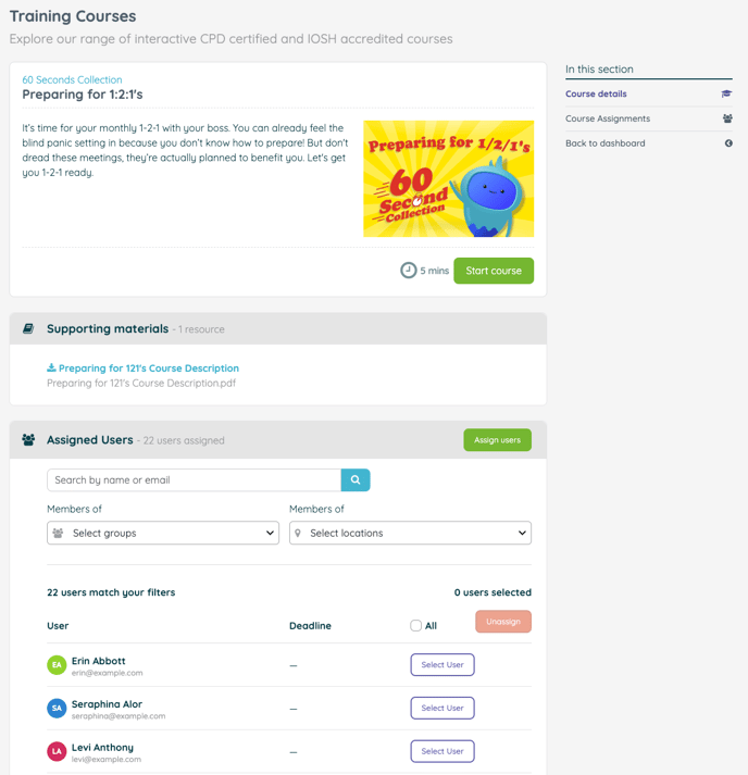 Image showing the page for the "Preparing for 1-2-1's" course page. The bottom of the image shows a list of users assigned to complete this course.