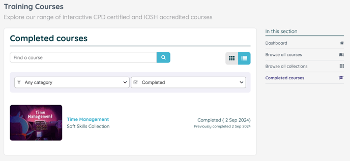 Image showing the completed courses page. One completed course is shown alongside its completion date