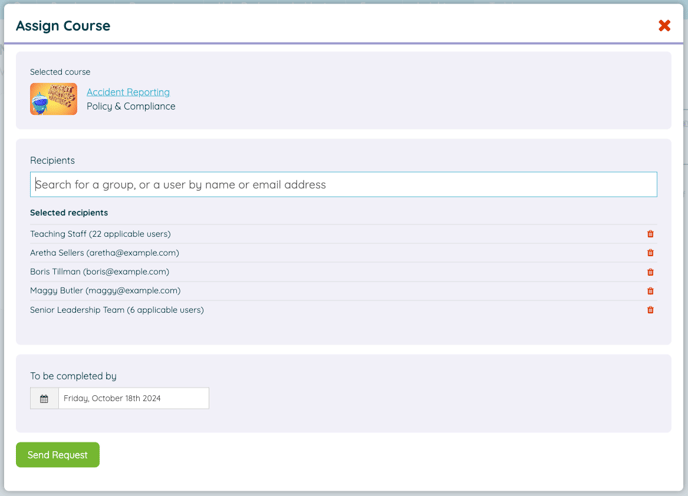 Image showing the course assignment screen which allows you to assign courses to users and groups with an optional deadline