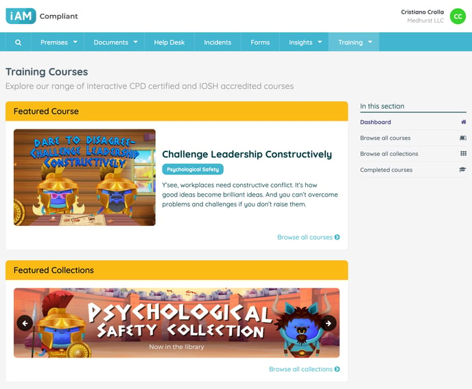 Image showing the new iAM Compliant LMS dashboard highlighting a featured course and a featured collection