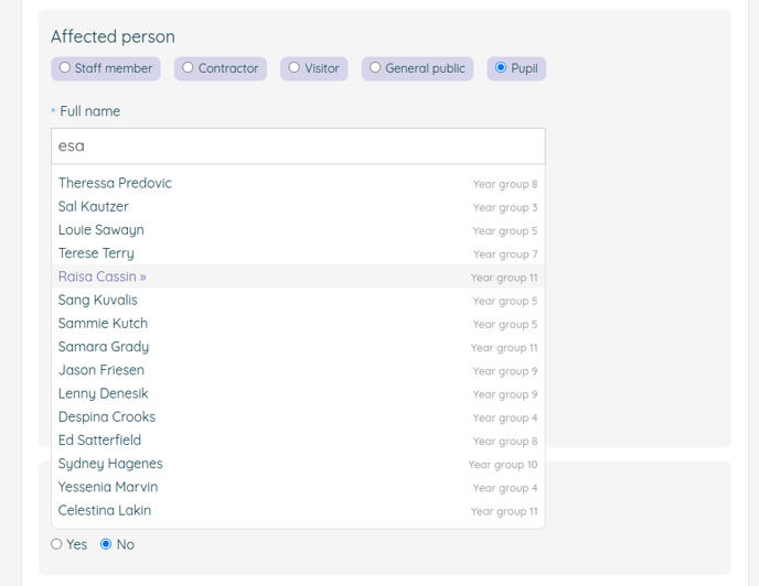 Screenshot of the affected person section of the incident report form which shows autocomplete suggestions for pupils and their year group based on what the user types into the name field