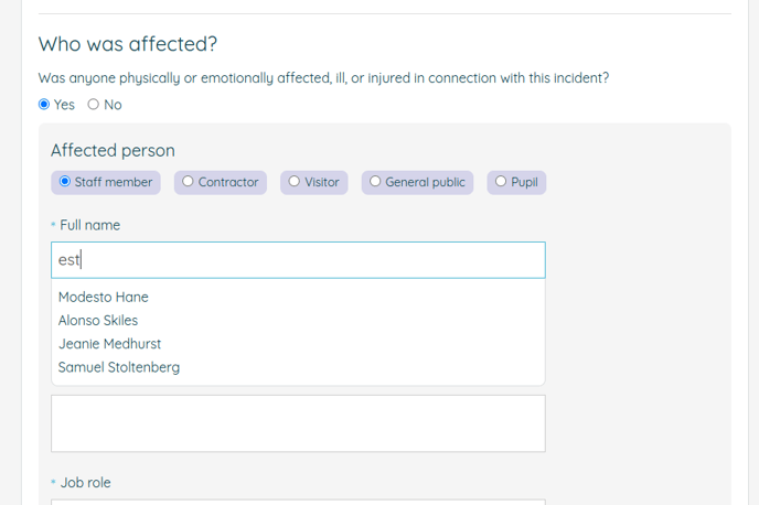 Screenshot of the affected person section of the incident report form which shows autocomplete suggestions based on what the user types into the name field