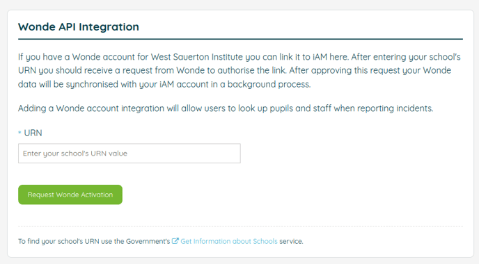 Screenshot showing the Wonde API Integration section of the location settings page